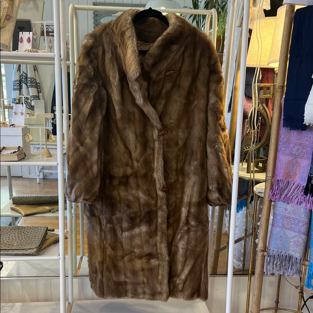 Vintage Faux Mink Fur Coat—Full Length Brown—Tissavel France